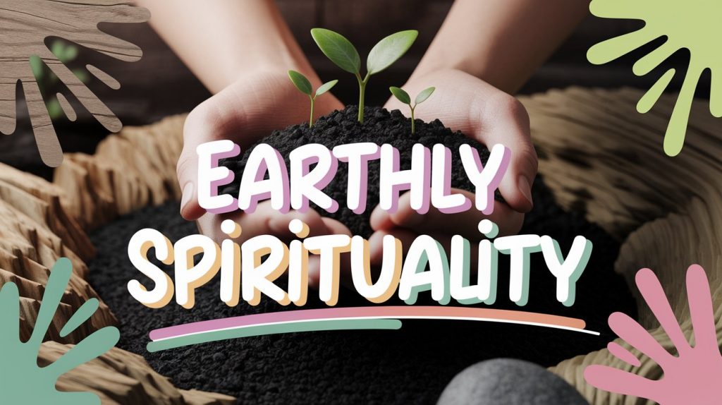 A captivating and conceptual 3D artwork showcasing a scene of hands gently interacting with soil, with small plants growing, and rich earthy textures in the background, creating a visual that blends practicality and grounded spirituality with nature. The title "Earthly Spirituality" is artistically placed within the scene in playful, colorful typography, complementing the grounded and nature-connected visual theme.