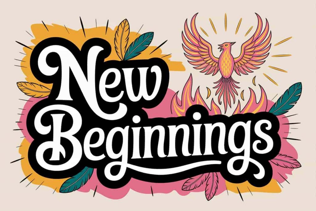 Exquisite abstract illustration with "New Beginnings" in playful typography soaring with a phoenix. A phoenix rises from flames against a sunrise, symbolizing hope and fresh starts with optimistic oranges, yellows, and pinks.