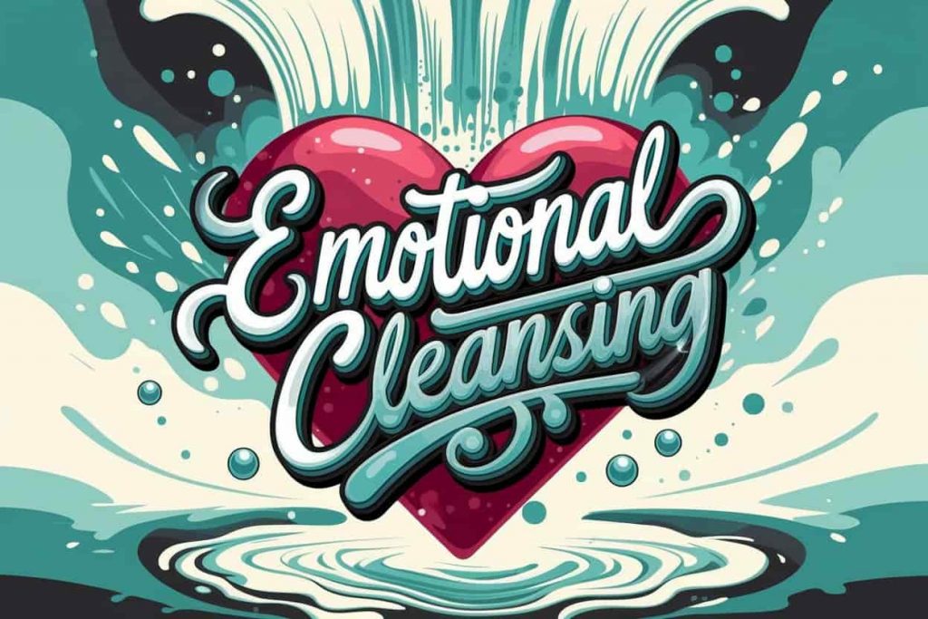 Pop surrealist painting in Dave Arredondo style featuring "Emotional Cleansing" in playful typography. A heart is cleansed by sparkling waterfalls, symbolizing emotional purification and refreshment with serene blues, greens, and bubbles.