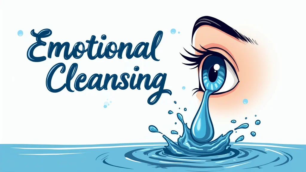 Cartoon image for 'Emotional Release and Inner Cleansing'. A right eye dramatically sheds a large tear, depicted as washing away dark, scribbled lines that symbolize negative emotions from beneath the eye. The phrase 'Emotional Cleansing' appears near the tear, as if written by the tear itself in handwritten blue and white typography. The simple gradient blue to white background and bold graphic style emphasize the visual metaphor of emotional catharsis and purification.