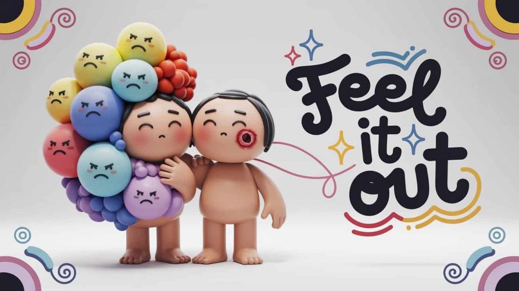 In a Pixar-style 3D cartoon, two friendly, stylized cartoon figures stand close together, one enveloped in a swirling array of colorful bubbles symbolizing emotions—joyous yellow, melancholic blue, and fiery red. The second figure has a small, noticeable mouth ulcer on their lip, connected to the bubble-embraced friend by a cheerful, wavy line of light. The phrase "Feel It Out" appears in playful, handwritten typography with thick lettering and colored outlines, arranged dynamically with smooth curves and vibrant color splashes around the figures. Whimsical stars and playful swirls decorate the edges, adding a touch of vintage charm and visual interest.