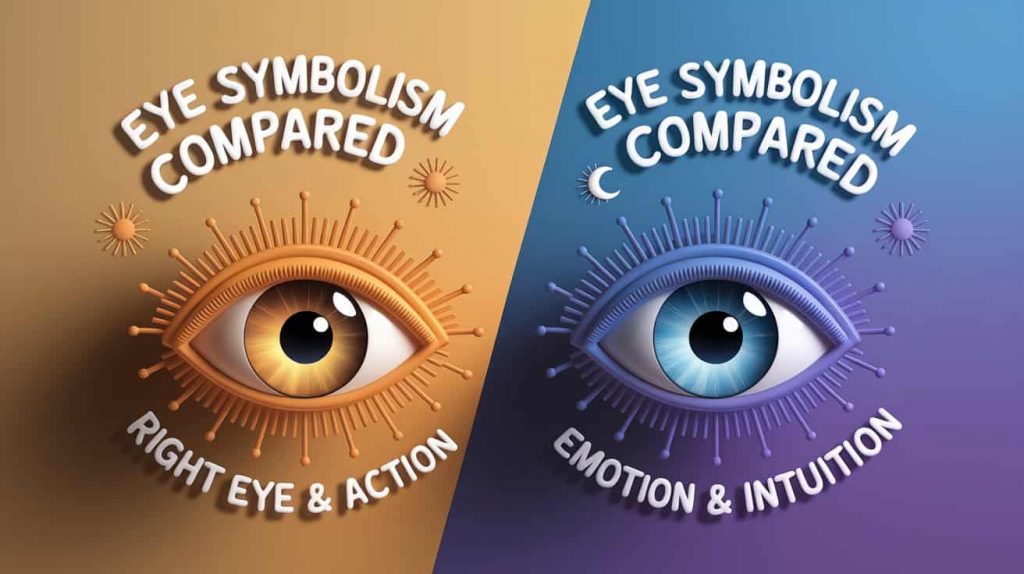 Conceptual 3D artwork for 'Right Eye vs. Left Eye: Comparative Symbolism', presenting a split scene that visually contrasts right and left eye symbolism. On the right, a stylized right eye emits bright, sun-like rays, representing masculine energy and logic. On the left, a stylized left eye glows softly with moon-like light, symbolizing feminine energy and emotion. The phrases 'Right Eye: Logic & Action' and 'Left Eye: Emotion & Intuition' are placed above their respective eyes in contrasting warm and cool handwritten typography, reinforcing the duality and comparative nature of eye symbolism.