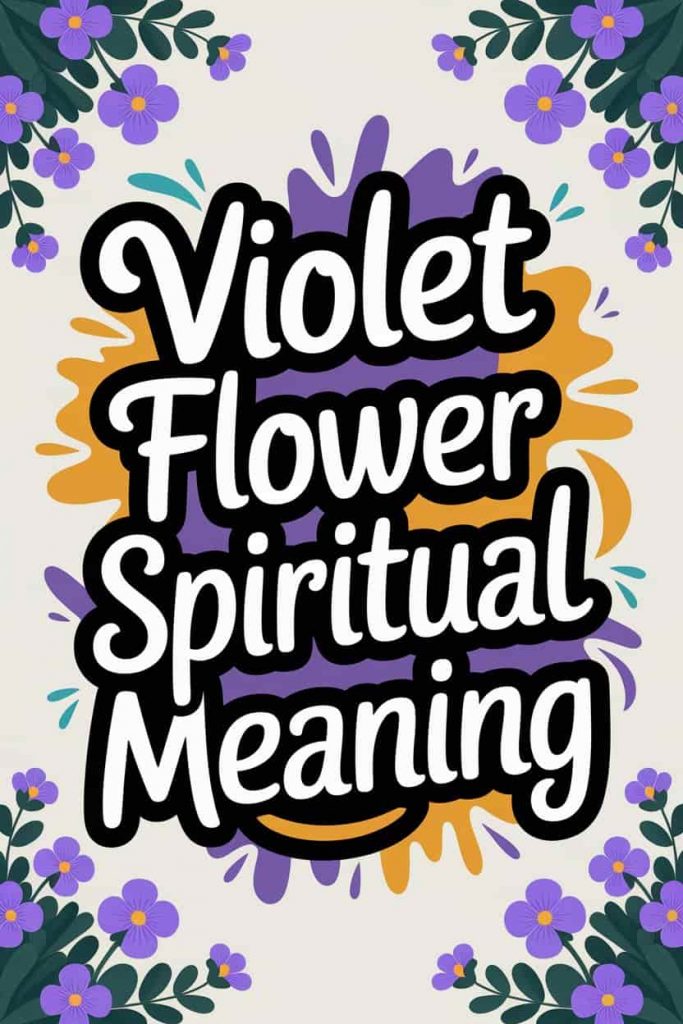 Stylized text graphic displaying "Violet Flower Spiritual Meaning" in playful, colorful handwritten typography surrounded by realistic violet flowers.