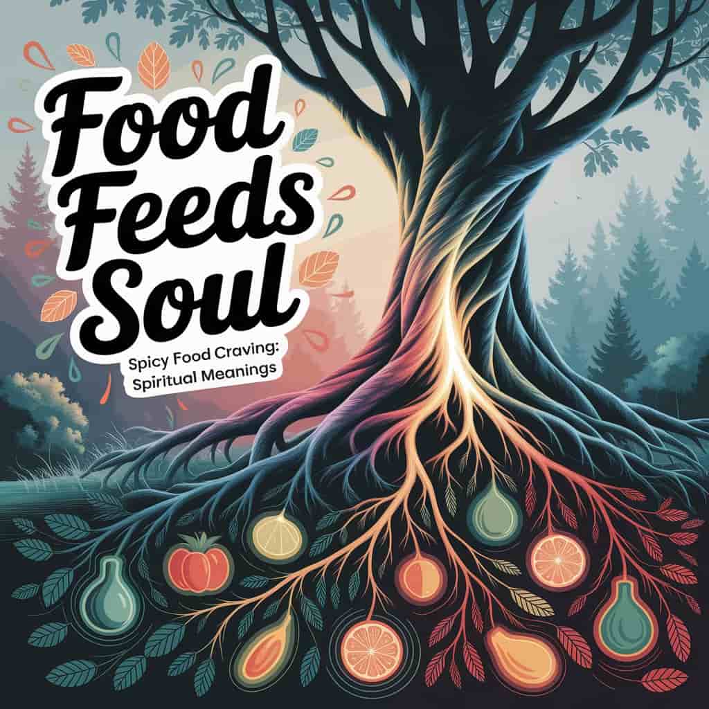 A vibrant, colorful, and ethereal illustration of interconnected roots of a giant, ancient tree, glowing with soft, warm light from within, intertwined with glowing food items like fruits, vegetables, and grains, symbolizing nourishment. The background features a softly blurred, dreamy forest scene, while thick, handwritten typography with colored outlines, featuring playful flourishes and splashes of earthy tones, displays the title "Food Feeds Soul" and the subtitle "Spicy Food Craving: Spiritual Meanings". Contextually relevant graphical elements such as leaves and swirling energy lines enhance the organic feel of the design, blending modern flair with vintage charm.