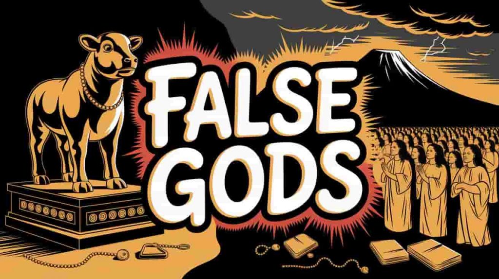 This captivating 3D digital illustration portrays the biblical story of the golden calf as a symbol of idolatry and rebellion. A prominent golden calf statue stands on a pedestal, with a crowd of people bowing in worship. The background shows a silhouette of Mount Sinai with lightning and dark clouds, representing God's anger at their disobedience. The phrase "False Gods" is artistically incorporated using a striking handwritten style. Spiritual elements like the lightning and dark clouds emphasize the severity of their actions.