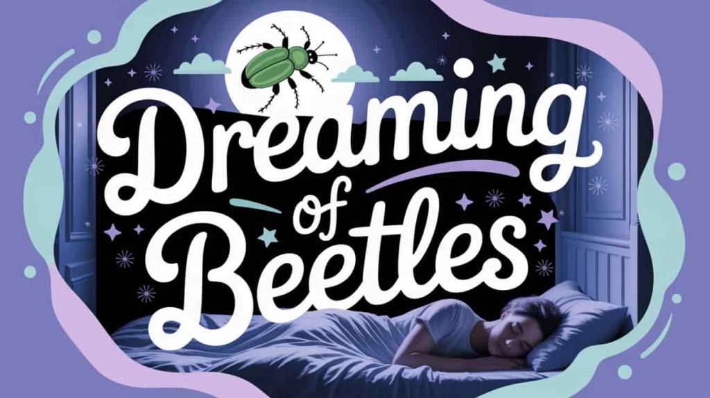 mage for the Green June Beetle in Dreams section of a spiritual meaning article. A serene, dreamlike scene depicts a person sleeping peacefully in a softly lit, moonlit bedroom. Floating above them, within a transparent bubble representing the dream world, a green June beetle is gracefully flying amongst stars and gentle clouds. Handwritten text overlay "Dreaming of Beetles" is whimsically integrated into the dreamscape. Star-like elements frame the edges, blending a peaceful bedroom setting with surreal, dreamy aesthetics to highlight the section's exploration of dream symbolism and the appearance of green June beetles in our subconscious.
