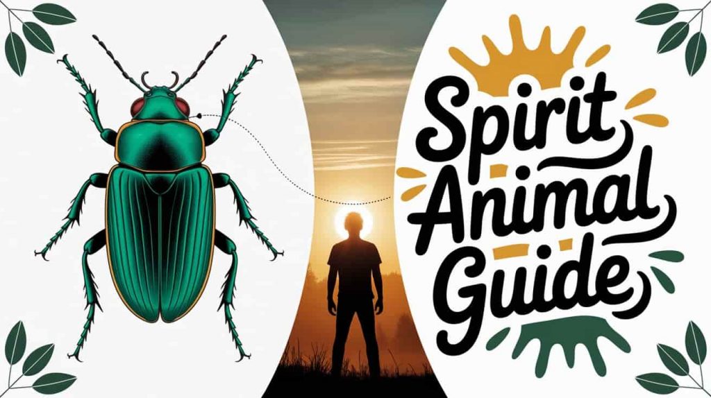 Image for the Is the Green June Beetle Your Spirit Animal? section of an article on spiritual meanings. A compelling split image contrasts a detailed close-up of a green June beetle with a silhouette of a person standing confidently, facing a sunrise over a natural landscape, symbolizing the connection between the spirit animal and personal guidance. A subtle line of light visually links the beetle and the person, representing spiritual connection. Handwritten text overlay "Spirit Animal Guide" is prominently displayed. Leaf-like elements frame the edges, blending natural and empowering aesthetics to highlight the section's exploration of the green June beetle as a spirit animal and its role in offering personal direction and strength.