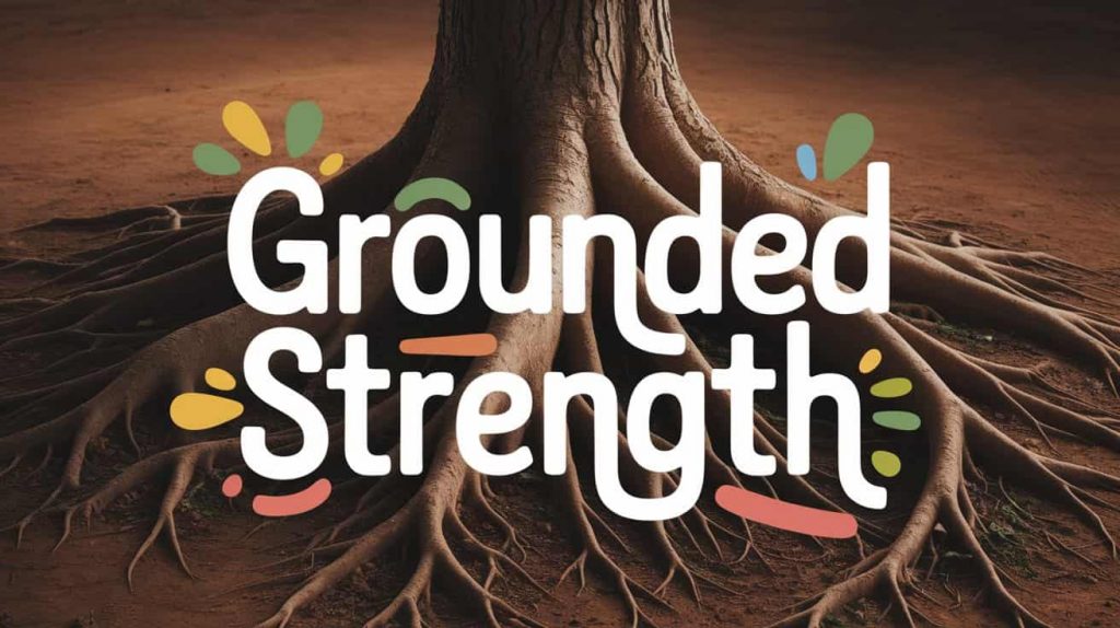 In a warm, rustic photograph reminiscent of Alexander Brook’s style, a strong, deeply rooted tree stands as a symbol of grounded strength and resilience. The earthy textures of soil and bark dominate the muted, warm color palette of browns, greens, and ochres, creating a sense of stability and inner power. The text "Grounded Strength," rendered in playful, handwritten typography with thick lettering and colored outlines, is strategically arranged in a dynamic layout that integrates smoothly with the tree's natural forms. Subtle color splashes and contextually relevant graphical elements enhance the visual depth and charm of the scene.