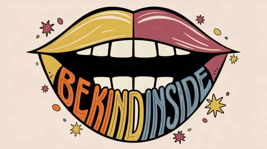 In a vibrant pop art style reminiscent of Peter Max, a stylized human mouth is visually split down the middle, one half smiling gently with soft, rounded lines and warm yellows and oranges, while the other half frowns sharply with jagged lines and cooler blues and grays, symbolizing inner conflict and self-criticism. The phrase "Be Kind Inside" is hand-lettered in thick, playful typography with colored outlines, arranged dynamically with smooth curves and color accents, contrasting beautifully against the striking background. Color splashes and abstract shapes, including scattered stars, frame the mouth and enhance the vintage charm and modern flair of this captivating design.