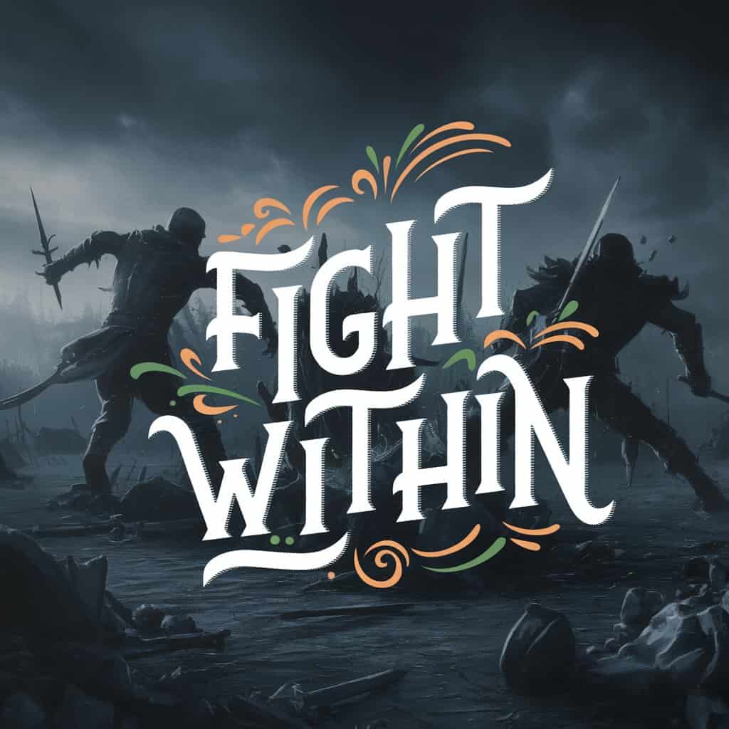 Dark fantasy 3D rendering depicting a twilight battlefield where two indistinct, shadowy figures representing inner conflict are engaged in symbolic combat amidst a war-torn landscape under a stormy sky, emphasizing the theme of inner turmoil related to dreams of being shot.