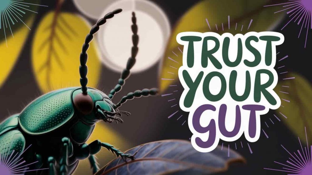 Image for the Intuition and Instinct subsection of an article about green June beetle spiritual meaning. A focused close-up of a green June beetle's head and antennae captures its sensory awareness, symbolizing intuition. Its antennae are slightly raised, as if sensing subtle energies. Handwritten text overlay "Trust Your Gut" is subtly presented. Subtle, radiating elements frame the image, blending natural macro detail with mystical aesthetics to highlight the section's focus on intuition and inner knowing.