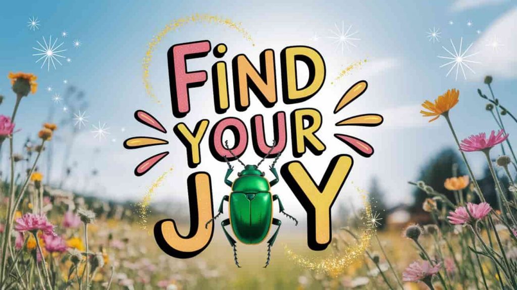 Image for the Joy and Lightness subsection of an article about green June beetle spiritual meaning. A vibrant summer meadow filled with wildflowers is bathed in bright sunlight, symbolizing joy and optimism. A green June beetle is shown in flight, surrounded by sparkling dust, adding a touch of whimsy. Handwritten text overlay "Find Your Joy" is cheerfully presented. Whimsical, sparkling elements frame the image, blending natural and whimsical aesthetics to highlight the section's focus on joy and lightness of spirit.