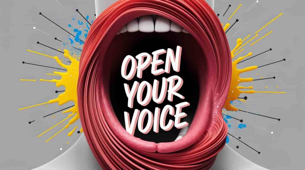 abstract representation of the throat and mouth area swirls with chaotic lines of energy in shades of red and orange, forming a vivid and dynamic design. A dark, opaque spot within the throat symbolizes a blockage, while the phrase "Open Your Voice" appears in playful, handwritten typography with thick, colored outlines that contrast beautifully against the vibrant background. Vibrant yellow and electric blue splashes surround the swirling energy, enhancing the visual impact, alongside fragmented energy shards and subtle pulses of light that add depth and intrigue around the edges, blending modern flair with vintage charm.
