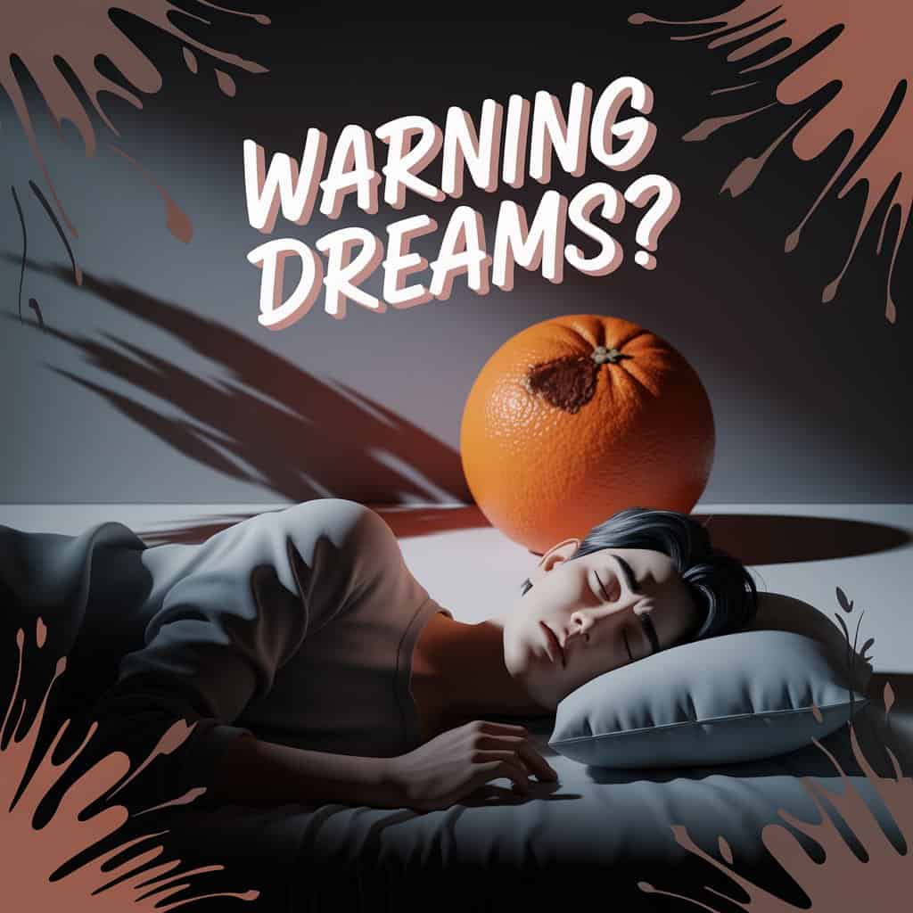 Dark fantasy painting style 3D render of a person sleeping restlessly with shadows looming, a bruised orange casting a long shadow in a dim room, text "Warning Dreams?" in playful typography above, stylized shadows and wilting leaves around, visually representing negative interpretations of orange dreams with a person in uneasy sleep.