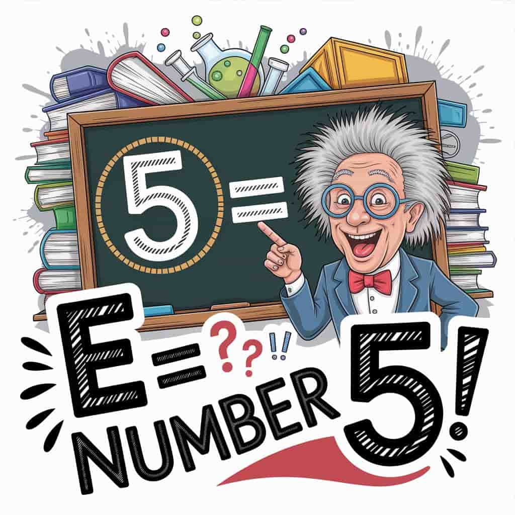 Newspaper cartoon for "Numerology and E: The Vibrational Essence of Number 5." Professor points excitedly at chalkboard linking "5" and "E." Humorous library setting. Handwritten medium and light grey typography: "E = Number 5." Question/exclamation motifs enhance vintage cartoon with educational fun.