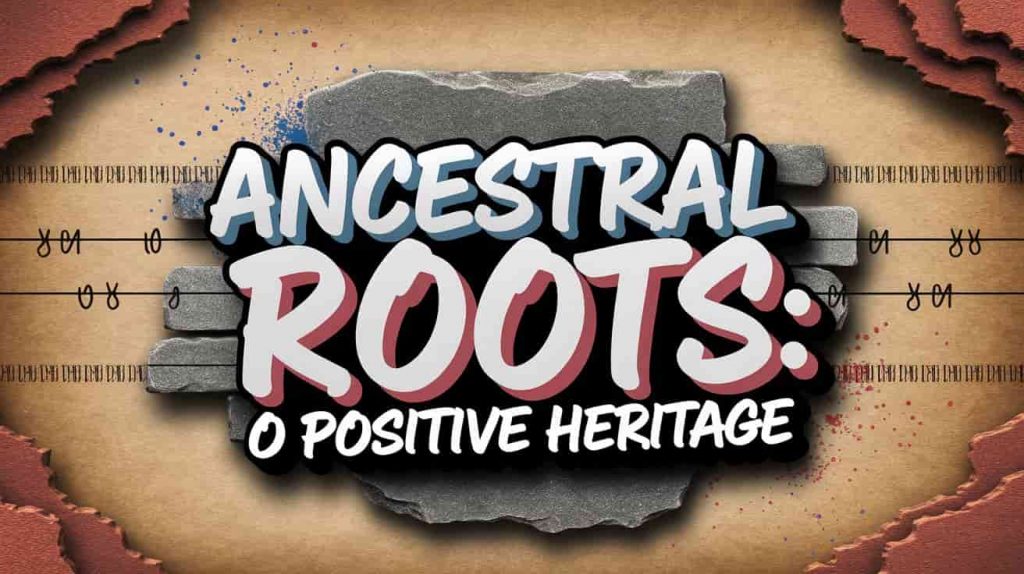 A captivating and conceptual 3D artwork showcasing a multi-layered design with ancient symbols, lineage lines, and earthy textures, representing ancestral connections and heritage for O positive blood types. The title "Ancestral Roots: O Positive Heritage" is prominently displayed in playful, colorful typography, complementing the rich and historical visual theme.