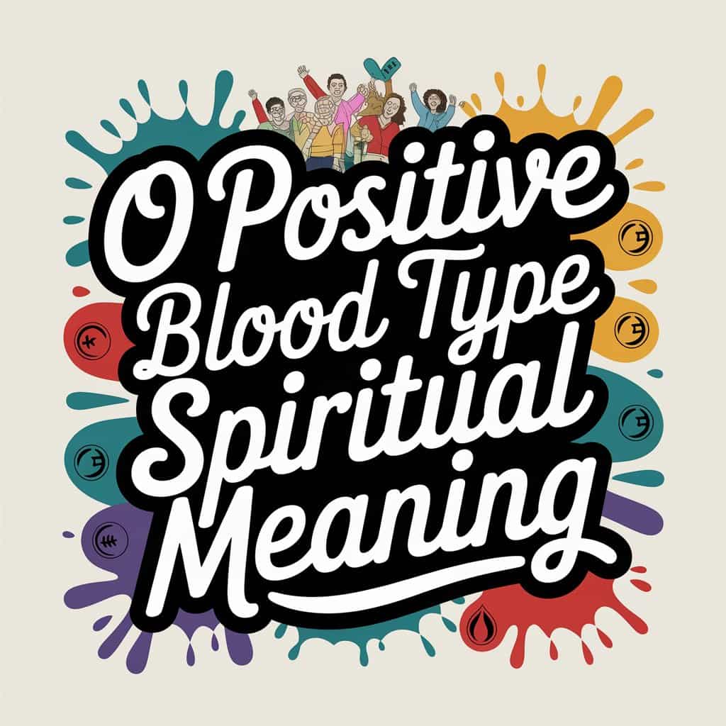 Playful, handwritten text "O Positive Blood Type Spiritual Meaning" with colorful outlines and whimsical flourishes, surrounded by diverse characters joyfully interacting and stylized blood drop symbols, in a fun, vintage-charm design.