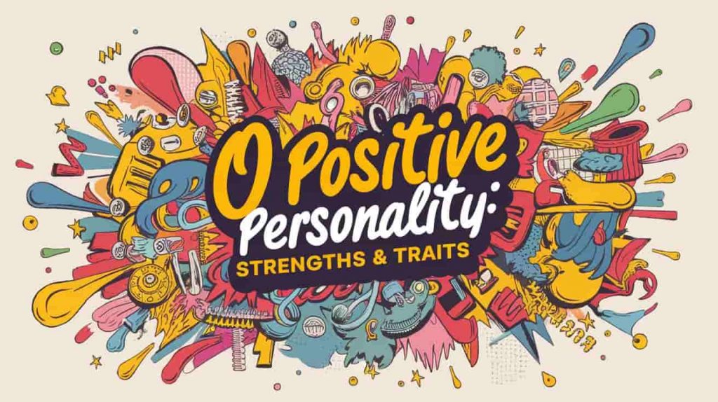 A vibrant pop art style image showcasing a dynamic collage of icons representing leadership, resilience, optimism, sociability, and practicality, embodying the strengths of O positive personality. The title "O Positive Personality: Strengths & Traits" is integrated in playful, colorful typography, enhancing the energetic and trait-focused visual.