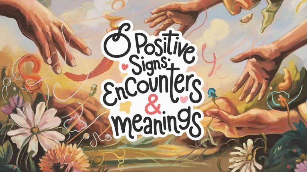 A captivating painting inspired by pop surrealism styles depicting a whimsical scene of symbolic encounters and synchronicities, featuring recurring motifs of leadership symbols, helping hands, and resilient imagery, suggesting meaningful signs for O positive individuals. The title "O Positive Signs: Encounters & Meanings" is presented in playful, colorful typography, seamlessly blending with the surreal and meaningful imagery.