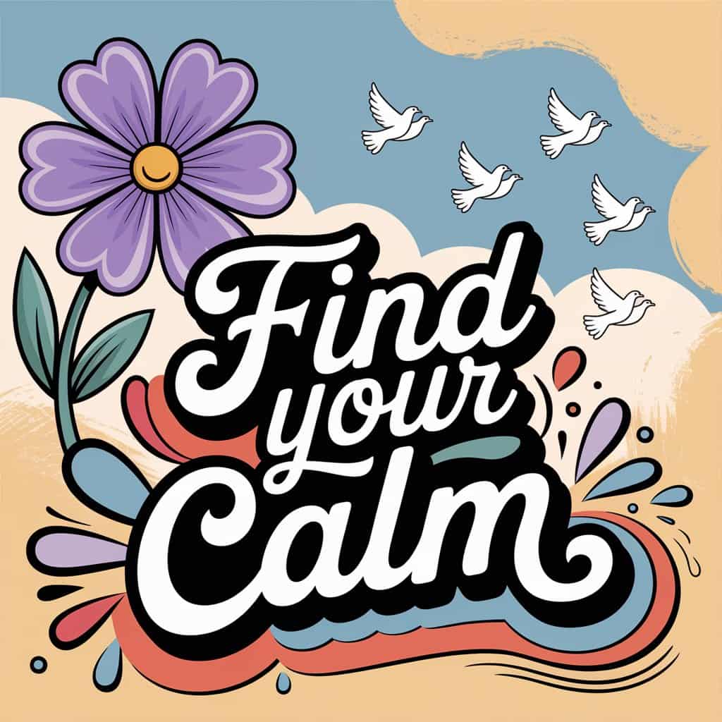 A vibrant pop art style image inspired by Peter Max, featuring a stylized violet flower radiating soft, pastel colors, with doves flying around it in a peaceful, clear sky, symbolizing peace and tranquility. The phrase "Find Your Calm" is boldly displayed using playful, vintage-modern typography.