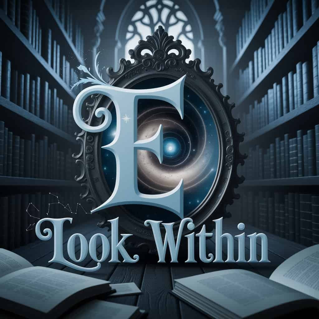 A striking 3D dark fantasy painting for "Personal Encounters with E: Reflections and Understanding." An ancient mirror with E-motifs in a gothic library reflects a star vortex, not the viewer. Dim lighting, shadowy shelves, and glowing orbs create introspection. Handwritten ice white and pale blue typography reads "E - Look Within," near the mirror, enhanced by book page/constellation motifs, blending vintage fantasy with modern self-reflection.