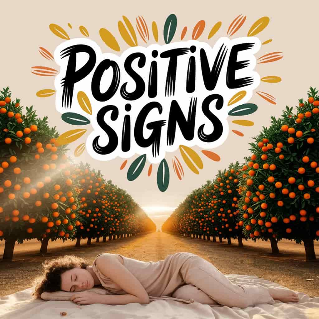Rustic photograph in Alexander Brook style of a person sleeping peacefully in golden light, vibrant orange grove in the background with glowing oranges, text "Positive Signs" in playful typography above, stylized light rays and flourishing leaves around, visually representing the positive spiritual signs of orange dreams with a sleeping person bathed in light.