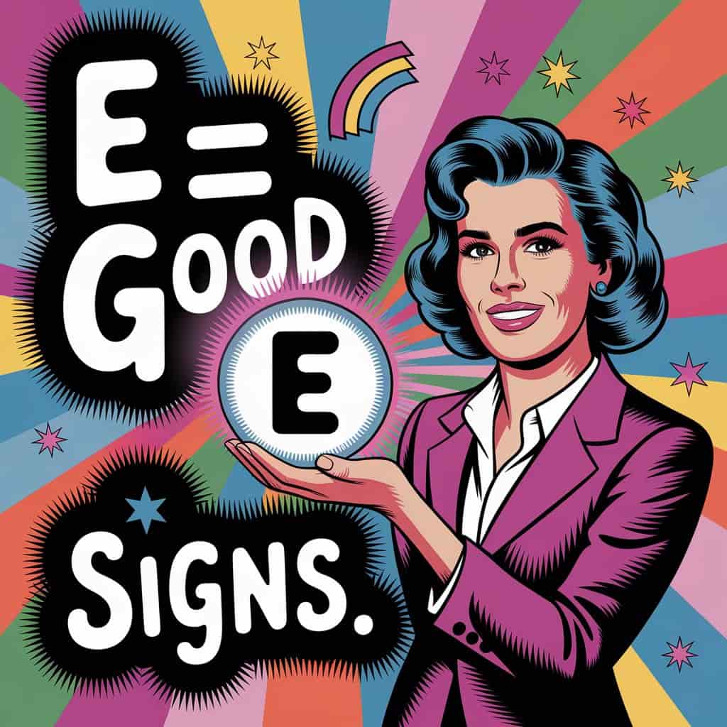 A vibrant pop art image inspired by Peter Max for "Prophetic Insights: E as a Sign of Positive Momentum." A fortune teller holds an E-glowing crystal ball amidst a burst of positive symbols like stars and rainbows in bright, bold colors. Psychedelic patterns and pastel colors swirl in the background. Handwritten black and red typography reads "E = Good Signs," enhanced by color splashes and fortune/radiating motifs, blending vintage pop art with modern optimism.