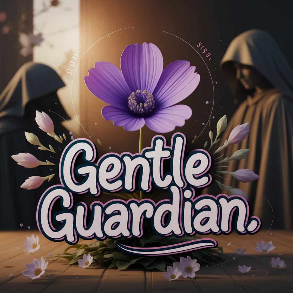A striking 3D render of a dark fantasy painting, depicting a violet flower acting as a shield, with gentle light emanating from behind it, warding off shadowy figures in the background, symbolizing protection and good fortune. The phrase "Gentle Guardian" is integrated using playful, vintage-modern typography.