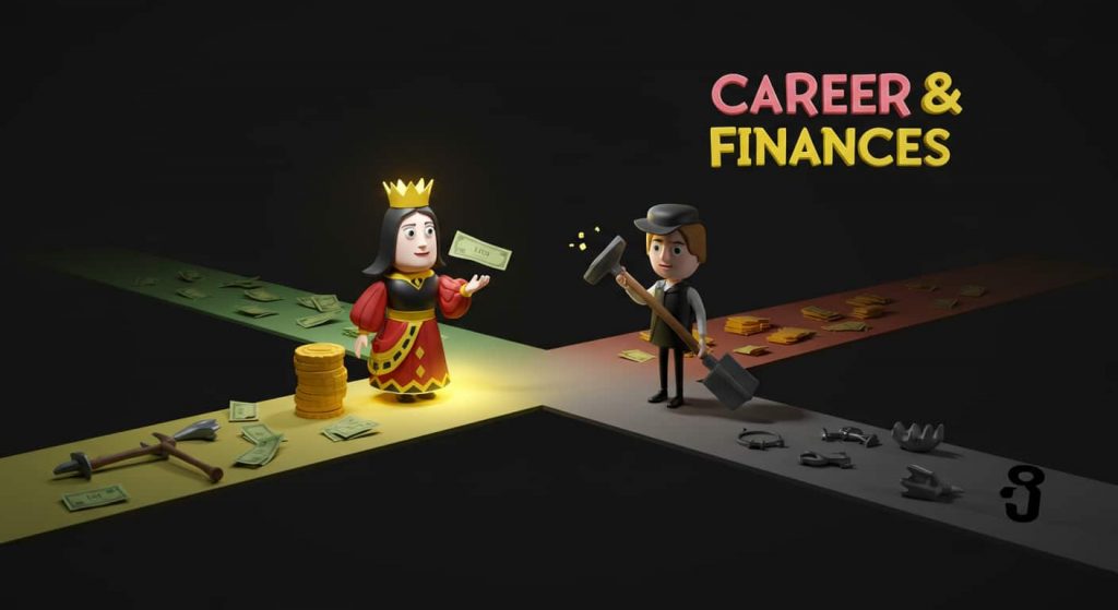 A 3D render shows a Queen of Spades at a crossroads, choosing between a wealth path and a spade/tool path; the text "Career & Finances" is presented in playful, colorful handwritten typography to reinforce the career-oriented theme.