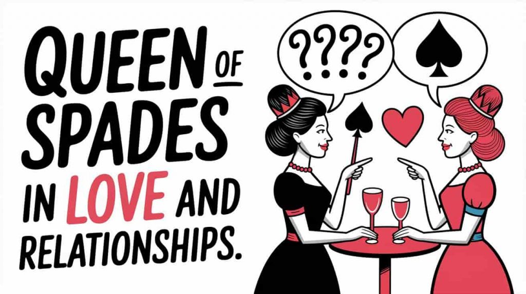 A cartoon for depicts a Queen of Spades and Heart Queen in conversation, with thought bubbles showing question marks and a spade symbol; the text "Love & Relationships" is rendered in playful, colorful handwritten typography to emphasize the relational theme.