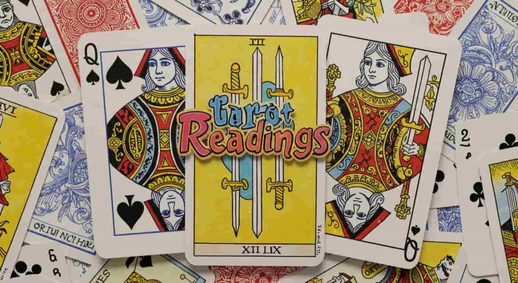 A split image merging a Queen of Spades card with the Queen of Swords tarot card, set against a background of tarot and playing card backs; the text "Tarot Readings" is rendered in playful, colorful handwritten typography to emphasize the connection theme.