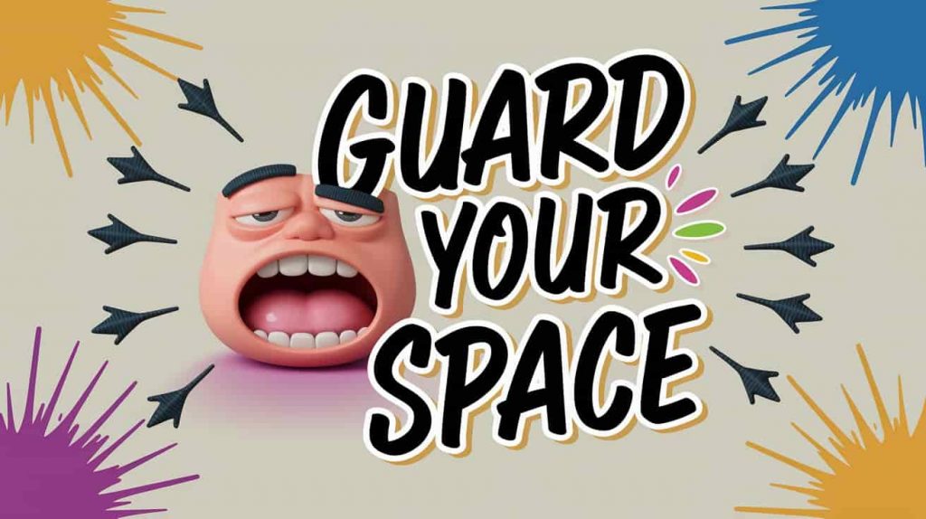 In a Pixar-style 3D cartoon, a slightly cartoonish human mouth with a look of mild discomfort is centered in the image. Tiny, sharp, arrow-like shapes in dark colors point directly toward the mouth from various angles, symbolizing negative external influences. The phrase "Guard Your Space" is prominently displayed in dynamic, handwritten typography with thick lettering, colored outlines, and playful flourishes. Bright, contrasting color splashes and stylized shields or protective barriers are arranged around the edges, blending modern flair with vintage charm.