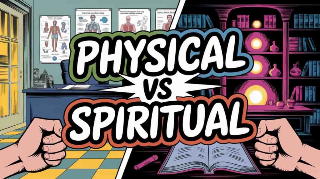 An editorial cartoon comic style image contrasts "Physical vs Spiritual" interpretations, set in a split scene. The title is in a playful, handwritten comic font, divided in the center. On one side, a brightly lit doctor's office with medical charts and anatomical models represents physical causes. On the other, a dimly lit, mystical study with glowing orbs and spiritual texts symbolizes spiritual meaning. A hand with a twitching thumb is visually split between the two contrasting scenes, humorously highlighting the dual perspectives.