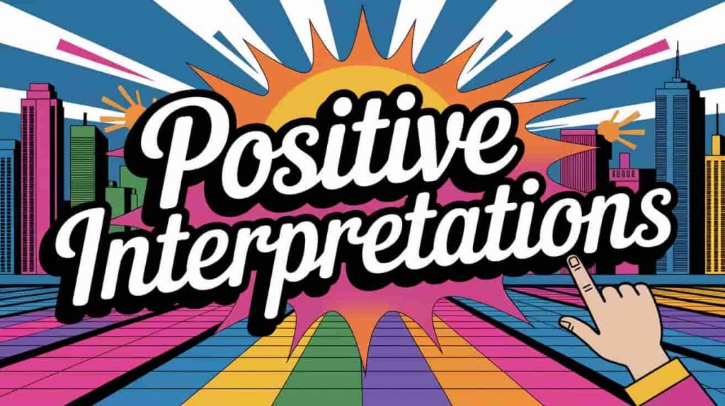 A vibrant pop art style image for "Positive Interpretations," set against a backdrop of a brightly colored, abstract cityscape at dawn. The title is in bold, handwritten typography. A hand with a dynamically raised right thumb is centrally featured, pointing upwards towards a radiant, stylized sunrise over the cityscape. Bright, optimistic colors and geometric patterns fill the urban scene, conveying a sense of forward momentum, positive urban energy, and promising new beginnings.