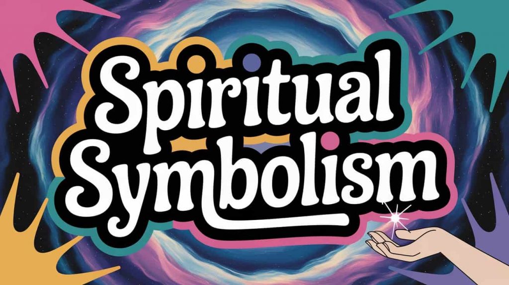 A dreamlike pop surrealist painting depicts "Spiritual Symbolism" against a backdrop of swirling nebulae. The title is written in a playful, handwritten style. A central hand subtly glows, emitting symbolic light rays specifically from the thumb. The nebulae background is interwoven with faint, interconnected symbols representing intuition and communication, creating a vast, mysterious, and spiritually symbolic cosmic scene.