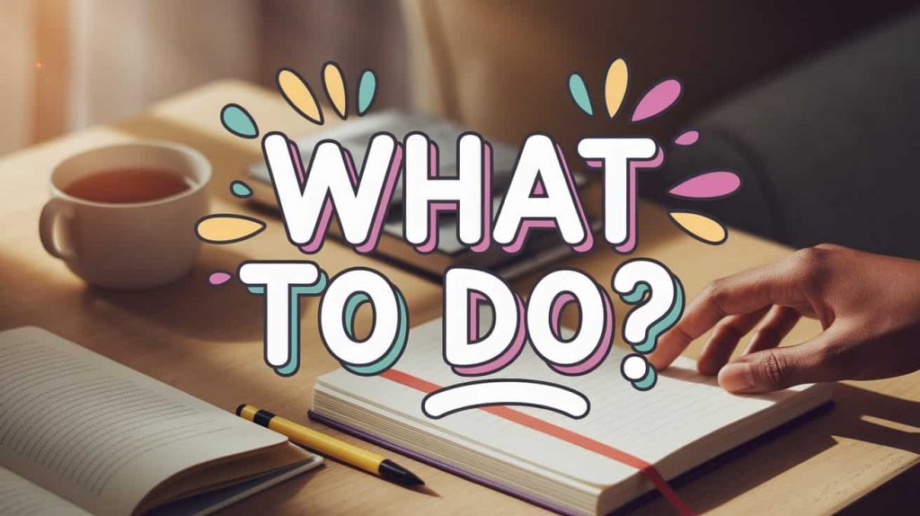 A mesmerizing cinematic scene illustrates "What To Do?" in a softly lit, reflective personal space. The title is elegantly displayed in handwritten typography. A hand gently rests on a journal in a warmly lit room, with the right thumb subtly highlighted. Soft, ambient light fills the room, casting gentle shadows on objects like a pen, a cup of tea, and open books in the background, suggesting introspection, journaling, and mindful self-care as responses to the thumb twitch.