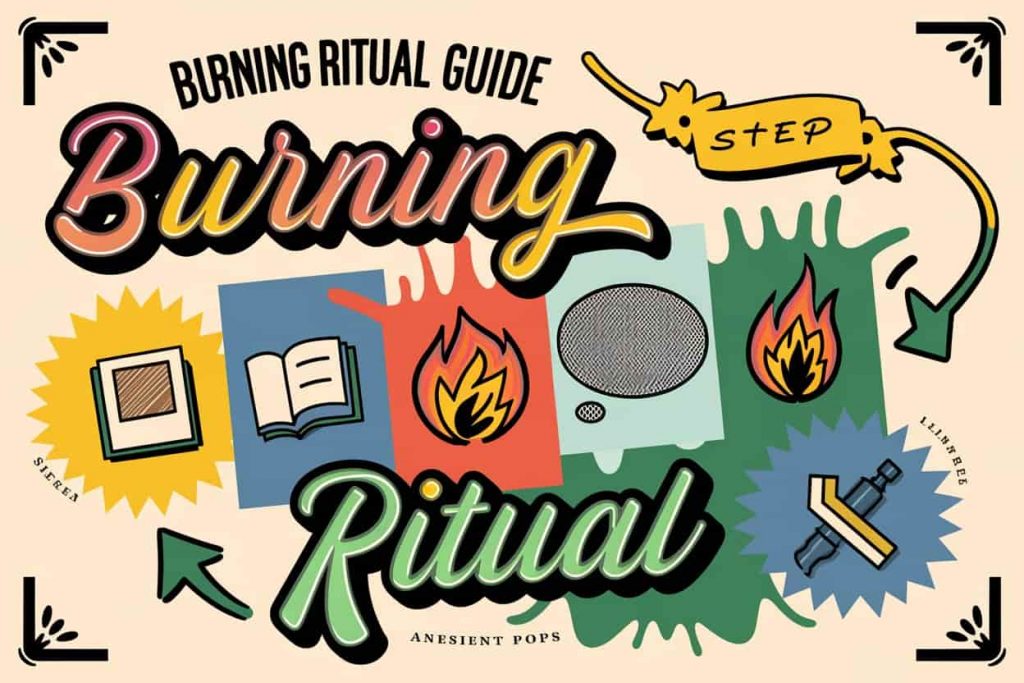 Pop art image in Peter Max style with "Burning Ritual Guide" in playful typography. Stylized icons and sequential colors illustrate steps: choosing time/place, gathering photos, setting intention, fire creation, mindful burning, and ash disposal, creating an informative and engaging visual guide.