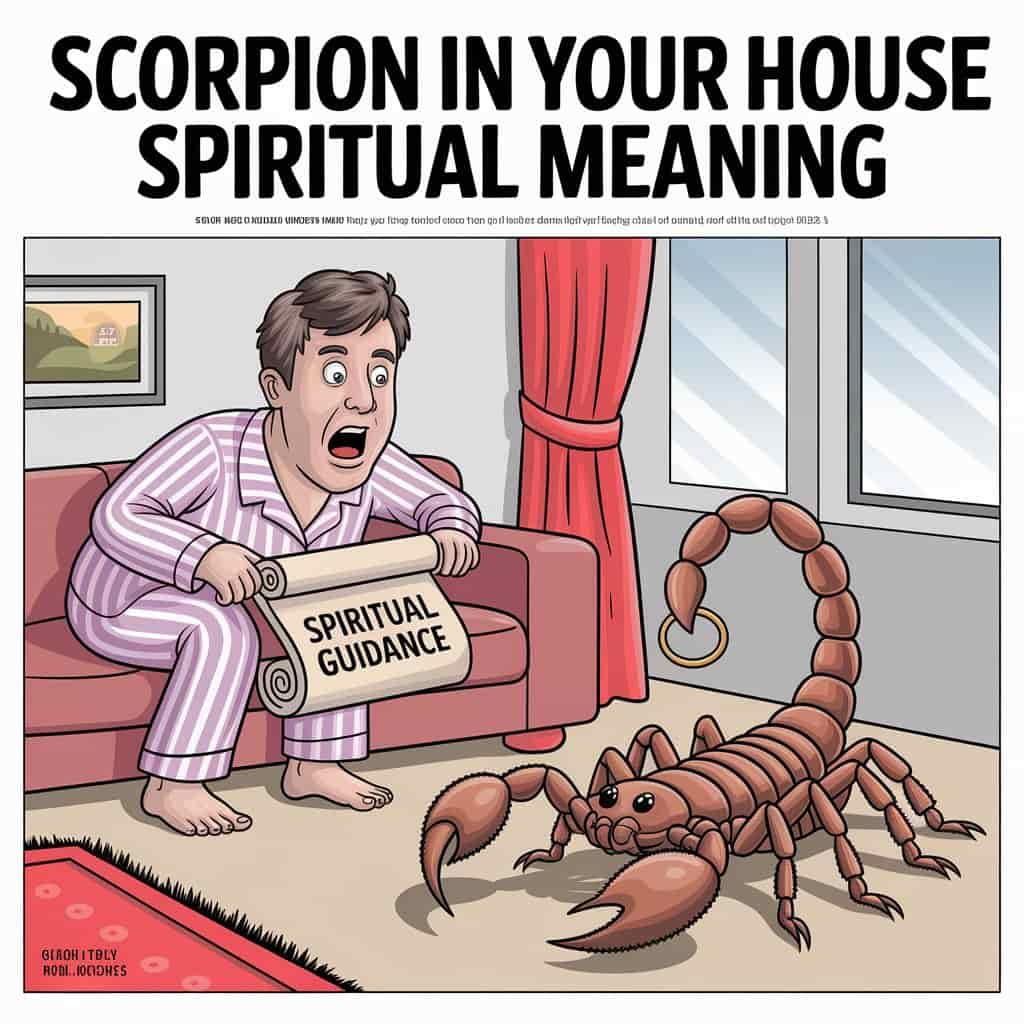 Newspaper cartoon graphic with "Scorpion in Your House Spiritual Meaning" heading, showing a surprised homeowner in pajamas encountering a realistic scorpion with a halo and "Spiritual Guidance" scroll, in a humorous style.