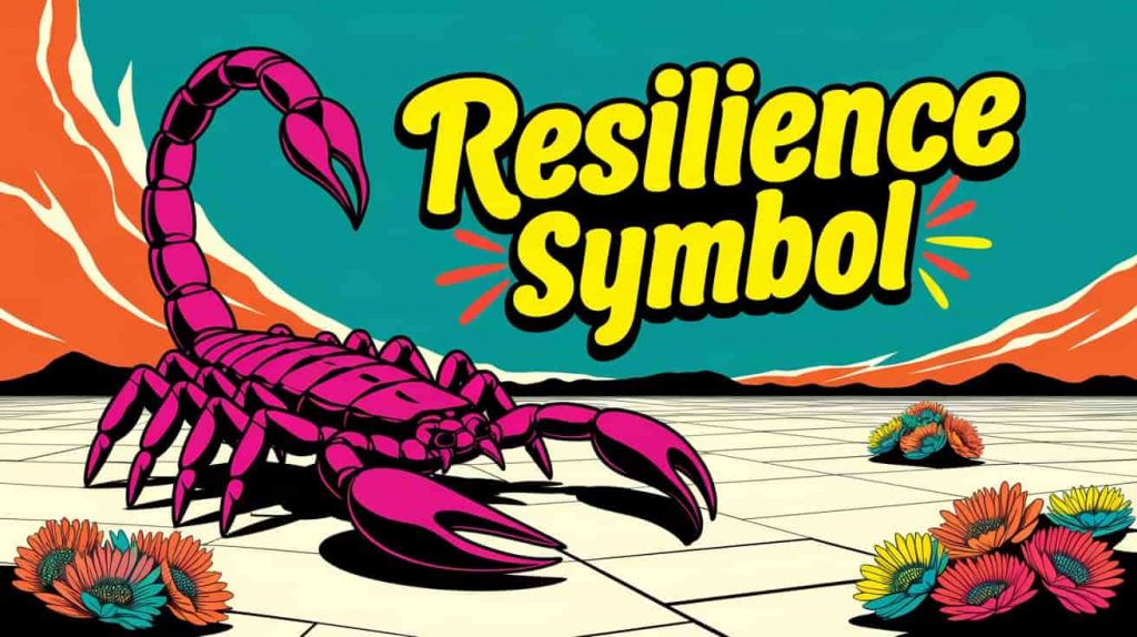 Vibrant pop art image of a scorpion standing defiantly amidst a cracked desert landscape blooming with resilient desert flowers, symbolizing strength in adversity, in a bold and hopeful pop art style, with the phrase "Resilience Symbol" displayed.