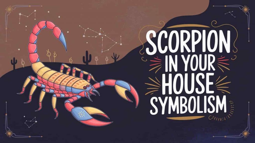  Abstract creative illustration in exquisite style, featuring a vibrant scorpion composed of symbolic elements like a shedding exoskeleton, shield, warning signs, desert flora, passion flames, solitary moon, shadow figures, and boundary lines, against a rich, textured background, representing the unveiling of deep spiritual symbolism, with the phrase "Scorpion in Your House Symbolism" displayed.