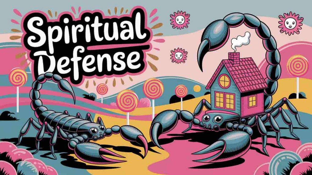 Pop surrealist painting of a scorpion with a shield-like exoskeleton guarding a miniature home, symbolizing spiritual protection and defense, in a whimsical and protective style, with the phrase "Spiritual Defense" displayed.