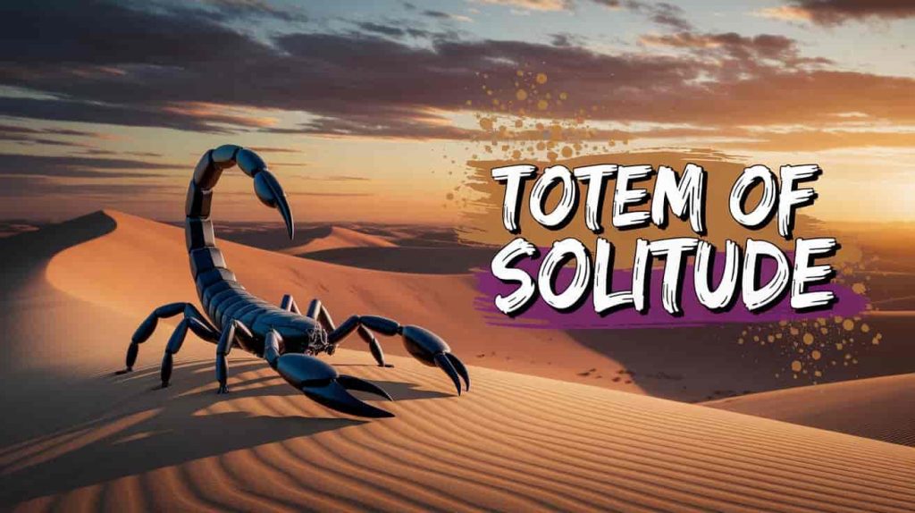 Mesmerizing cinematic scene of a lone scorpion silhouetted against a vast desert sunset, emphasizing solitude and independence, in a grand and introspective cinematic style, with the phrase "Totem of Solitude" displayed.
