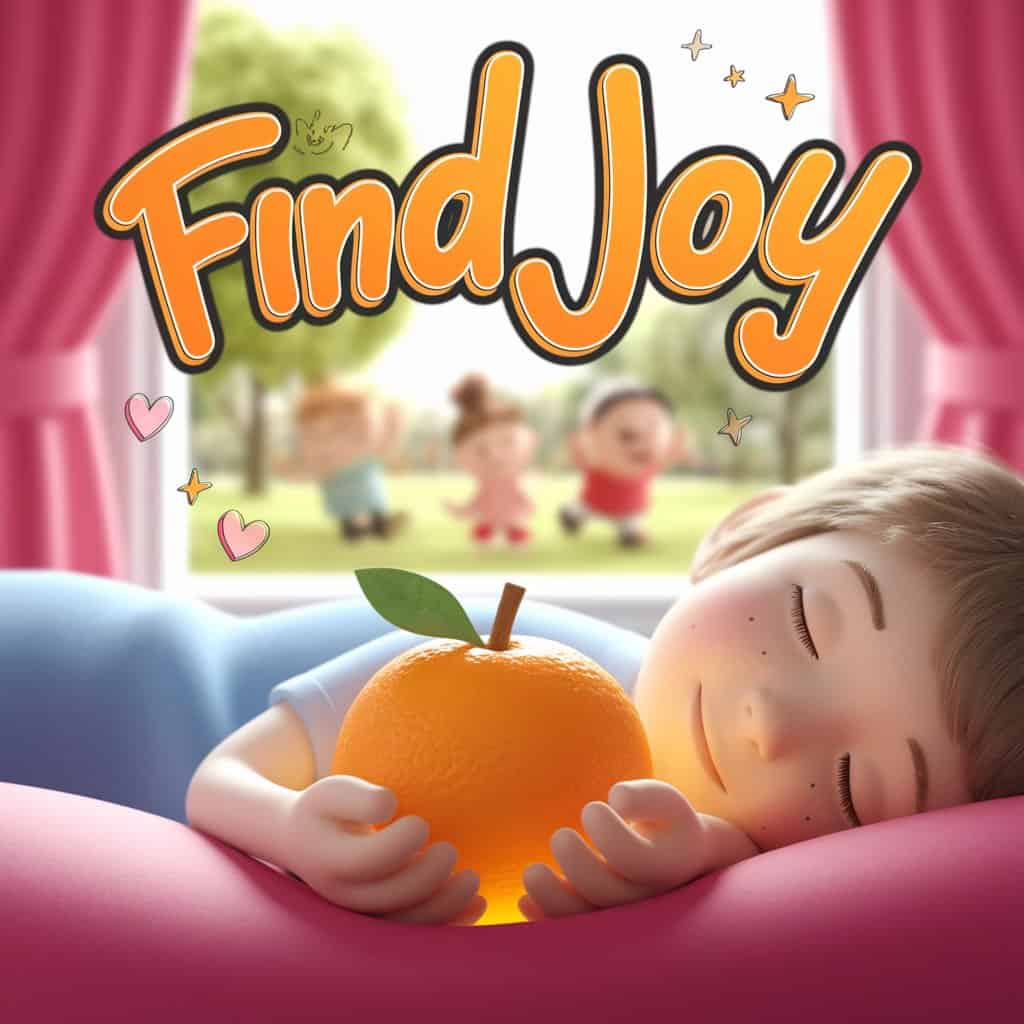 Pixar-style 3D cartoon illustration of a sleeping child smiling in a bright room, hands holding a glowing orange radiating light, sunny park scene through window, text "Find Joy" in playful typography above, stylized hearts and happy stars around, visually representing joy and happiness in orange dreams with a sleeping child.
