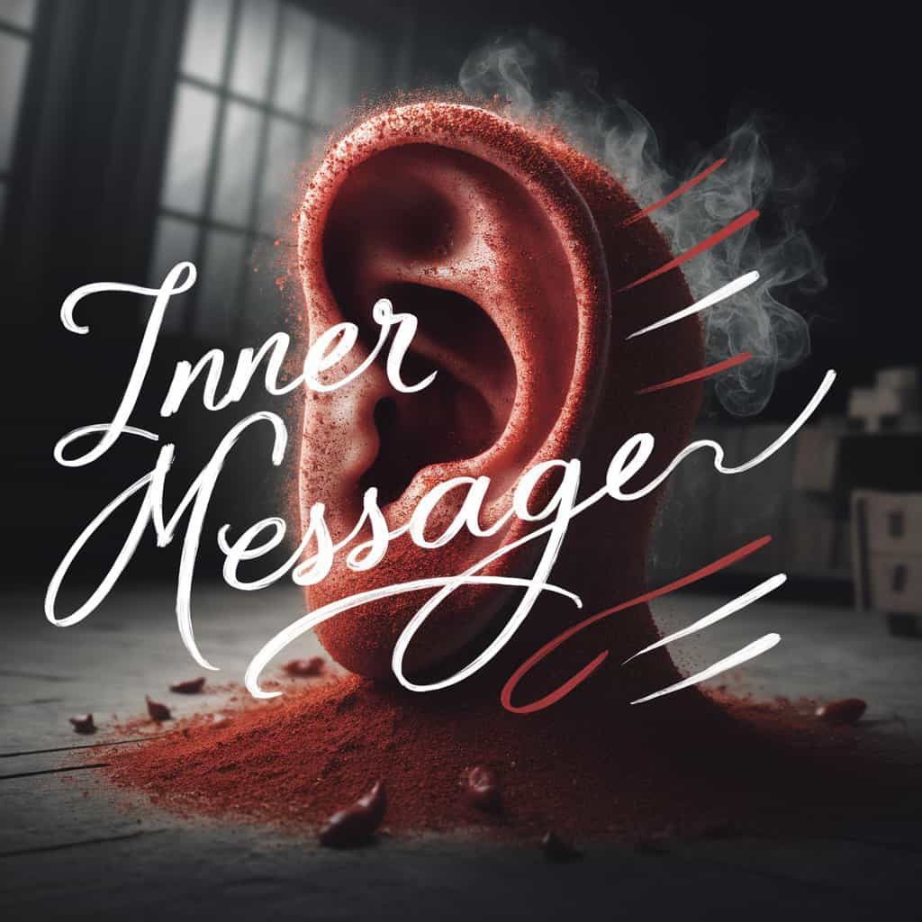 Mesmerizing cinematic scene of a giant chili pepper ear listening intently in a dimly lit, smoky interior. Handwritten text "Inner Message" is featured in playful typography. The image represents spicy food cravings as messages from the body.