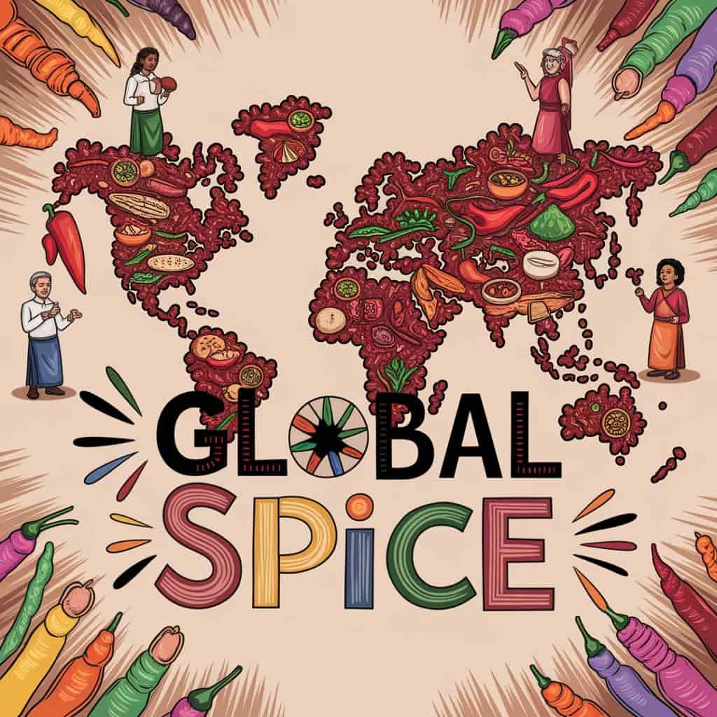 A vibrant cartoon illustration depicts a world map crafted from an array of spices and chili peppers, highlighting different regions with culturally relevant food items. Small figures in traditional attire from various cultures surround the map, examining its spicy landscape. Thick, hand-drawn typography with colored outlines and playful flourishes reads "Global Spice," arranged in a dynamic layout with warm earth tones and vibrant spice colors, blending modern flair with vintage charm. Warm lighting enhances the rich textures of the spices and cultural icons scattered throughout the composition.