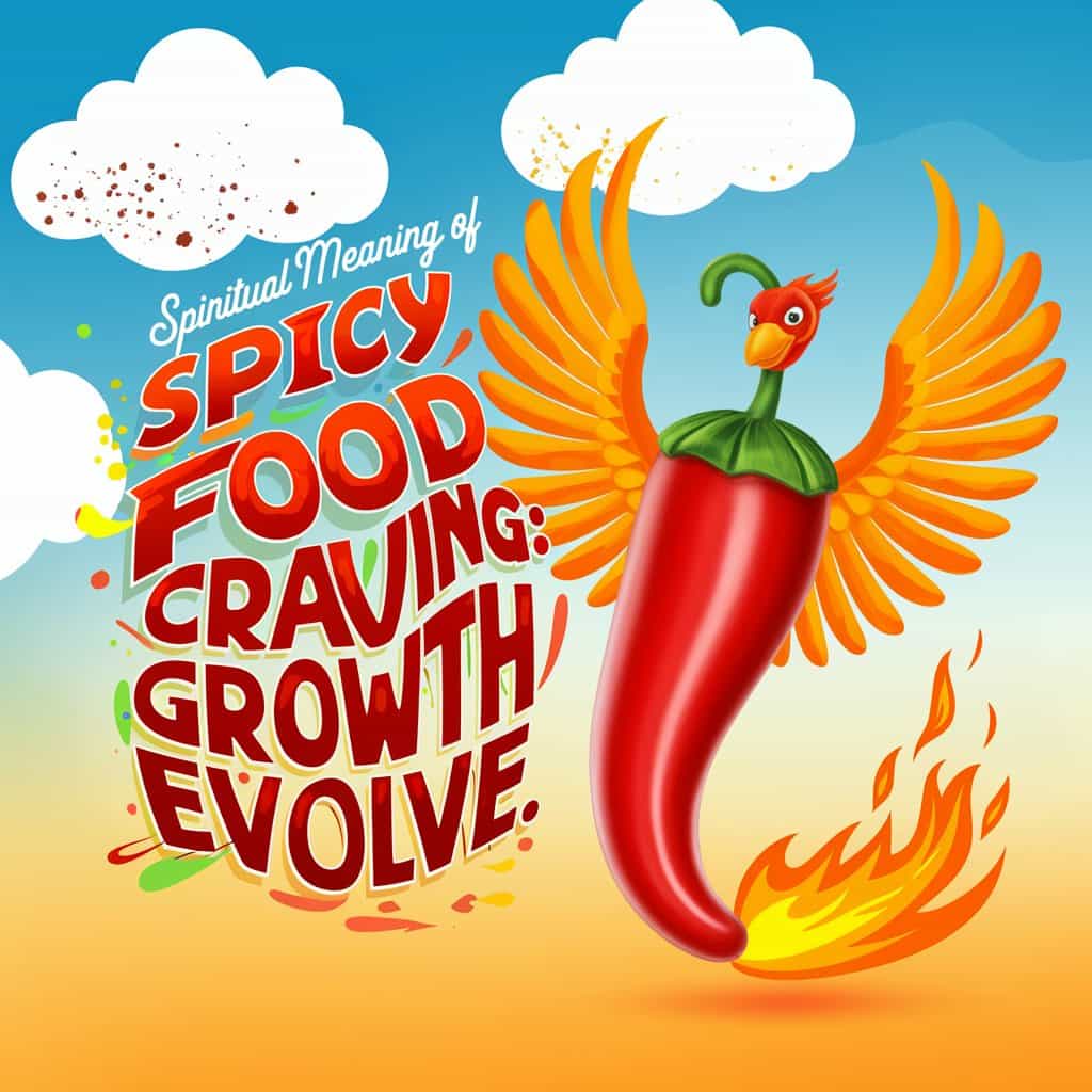 A Pixar-style 3D cartoon image showcasing a vibrant red and orange chili pepper transforming into a majestic phoenix with fiery feathers. The background features a bright, uplifting sky adorned with clouds shaped like spice flakes, enhancing the magical transformation. Playful, handwritten typography with thick lettering and colored outlines, featuring the text "Spiritual Meaning of Spicy Food Craving: Growth Evolve," is arranged dynamically with color splashes and swirling flame graphics, emphasizing the theme of personal evolution and growth.