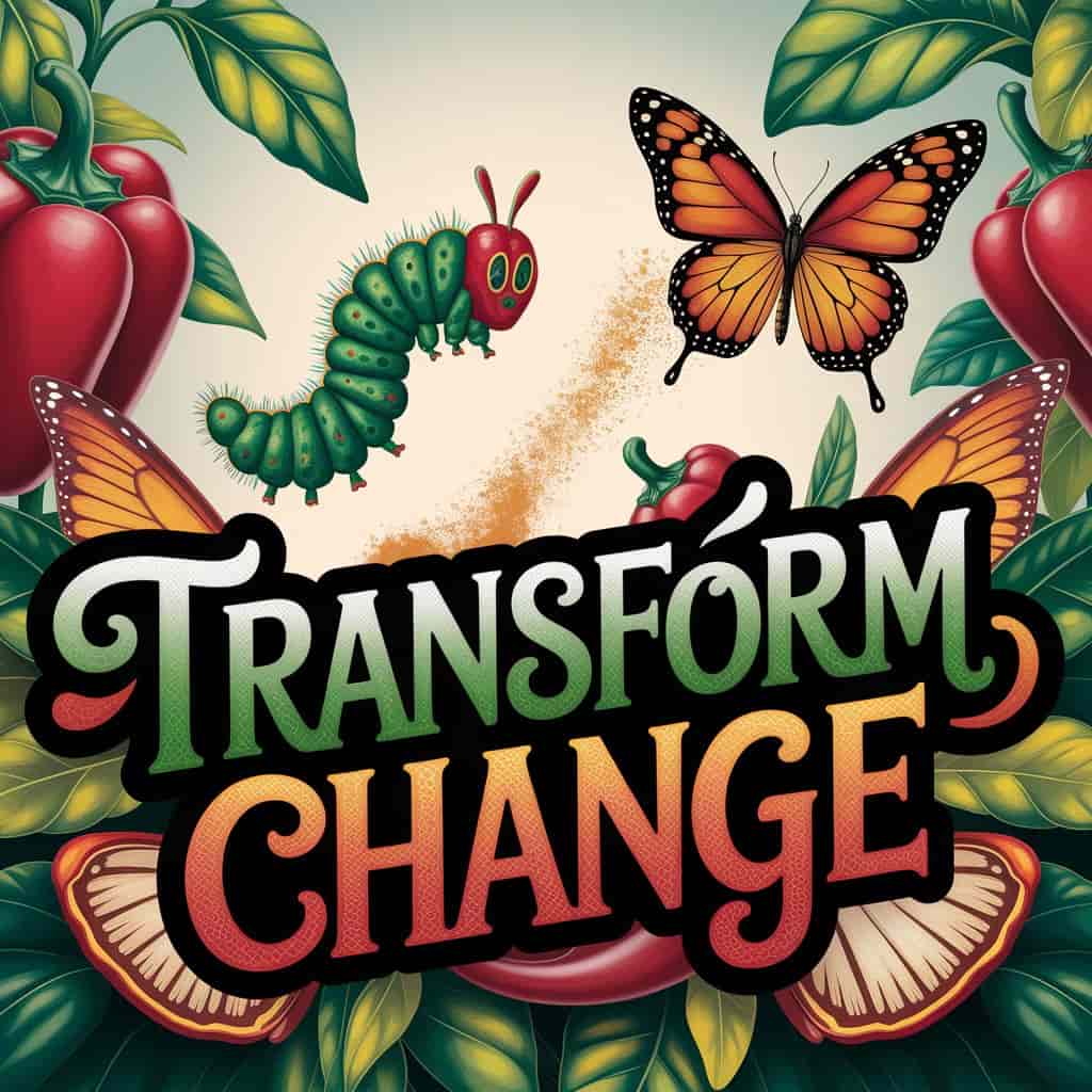 In a captivating 3D artwork, a green bell pepper caterpillar morphs mid-air into a vibrant red chili pepper butterfly, leaving a trail of spice dust behind. The lush garden background features oversized spice plants, while colorful, hand-drawn typography reads "Transform Change" in thick, outlined letters with playful flourishes and splashes of transitioning greens to reds and oranges. Butterfly wings and pepper cross-sections surround the text, adding visual interest and blending modern flair with vintage charm.