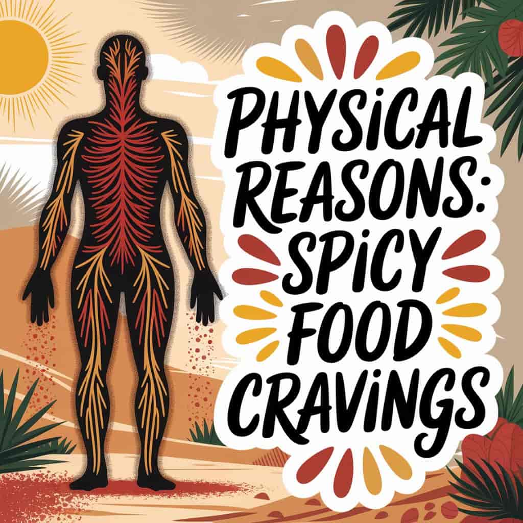 An image of a human body silhouette composed of spices and herbs glows with fiery circulatory system lines, subtly sweating and emitting spice particles outward. The background features a softly lit, naturalistic scene with elements like sun, desert sand, and tropical leaves. Thick, handwritten typography with colored outlines and playful flourishes reads "Physical Reasons: Spicy Food Cravings," surrounded by color splashes in warm yellows, reds, and earthy browns, along with graphical elements like sweat droplets and spice textures, blending modern flair with vintage charm.