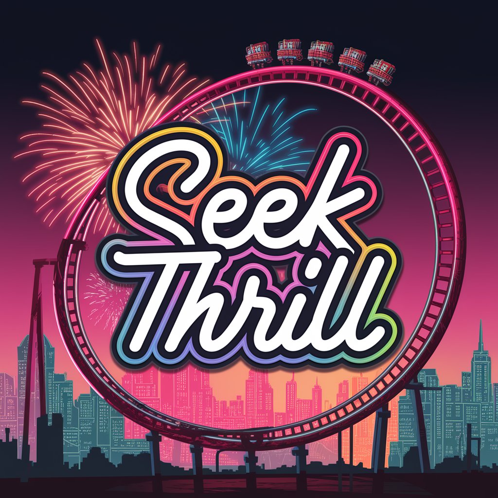 A rollercoaster track shaped like a chili pepper twists and loops through a vibrant, neon-lit cityscape at night, fireworks exploding behind it in a burst of excitement. The scene features "Seek Thrill" in thick, playful handwritten typography with colored outlines, set against a backdrop of neon pinks, blues, and oranges. Rollercoaster carts and city skyline silhouettes are interspersed around the text, creating a dynamic, visually engaging layout that blends modern flair with vintage charm.