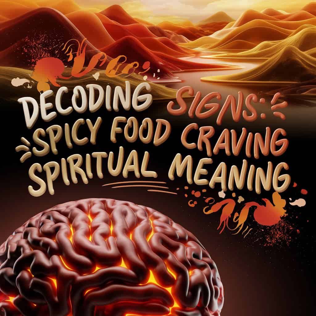 A 3D render of a dark fantasy painting with a stylized brain made of fiery chili peppers in the foreground. The neural pathways glow like embers. Behind the brain, there's a symbolic landscape with mountains made of spices and rivers of hot sauce flowing through valleys of herbs. The text "Decoding Signs: Spicy Food Craving Spiritual Meaning" is handwritten in thick, colorful letters. The text features playful flourishes and splashes of intense reds, oranges, and yellows. There are spice particles and chili pepper silhouettes arranged around the text, blending modern flair with vintage charm.